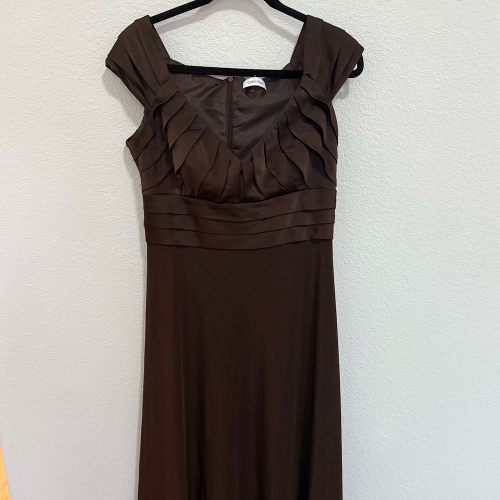 Calvin Klein Chocolate Brown Pleated Cap Sleeve Silk Satin Evening Gown Size 8